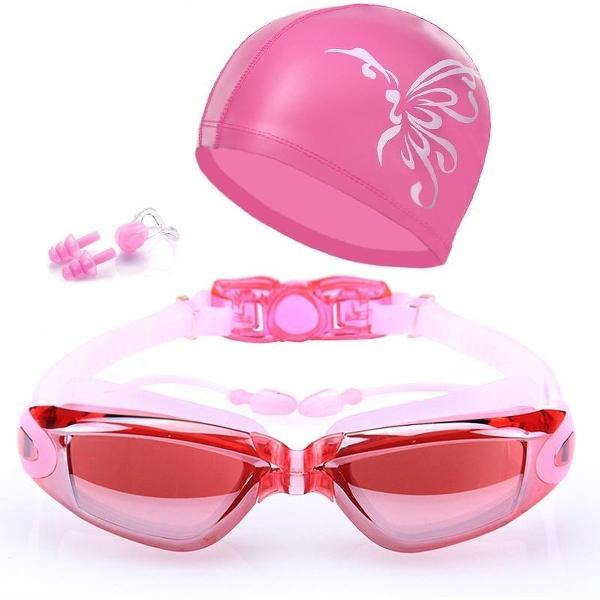 Foto van Zwembril set - Oordopjes, badmuts, neusklem en duikbril - Roze