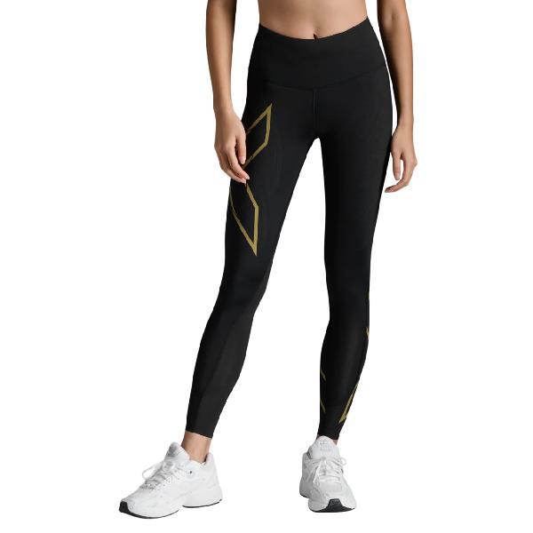 Foto van 2XU Light Speed Mid-Rise Compression hardloopbroek Black/Gold Reflective Dames M