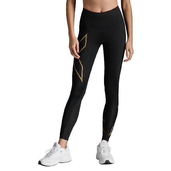 Foto van 2XU Light Speed Mid-Rise Compression hardloopbroek Black/Gold Reflective Dames