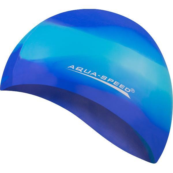 Foto van Aqua Speed Siliconen Badmuts - Zwemmuts in vrolijke print - Blauw/Blauw One Size
