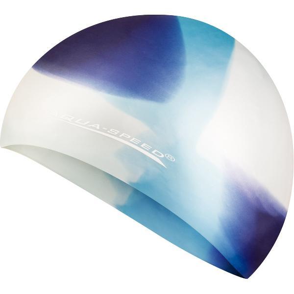 Foto van Aqua Speed Siliconen Badmuts - Zwemmuts in vrolijke print - Blauw/wit One Size