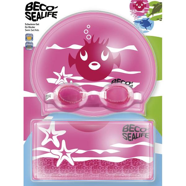 Foto van BECO-SEALIFE zwembril setje 2 - zwembril - badmuts en tasje - blauw/roze