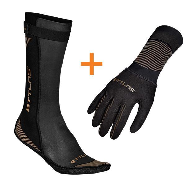 Foto van BTTLNS Neopreen zwemsokken en zwemhandschoenen voordeelset zwart/goud