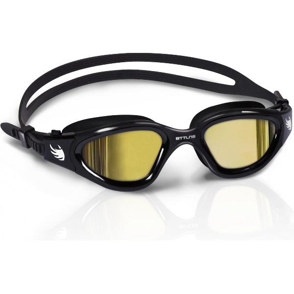 Foto van BTTLNS Zwembril - Gespiegelde lenzen - Extra UV-filtering - Duurzame en silicone materiaal - Anti-condens lenzen - Multi functionele zwembril - Inclusief zwembril zakje - Valryon 1.0 - Goud