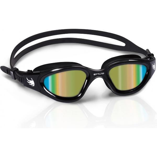 Foto van BTTLNS Zwembril - Gespiegelde lenzen - Extra UV-filtering - Duurzame en silicone materiaal - Anti-condens lenzen - Multi functionele zwembril - Inclusief zwembril zakje - Valryon 1.0 - Regenboog