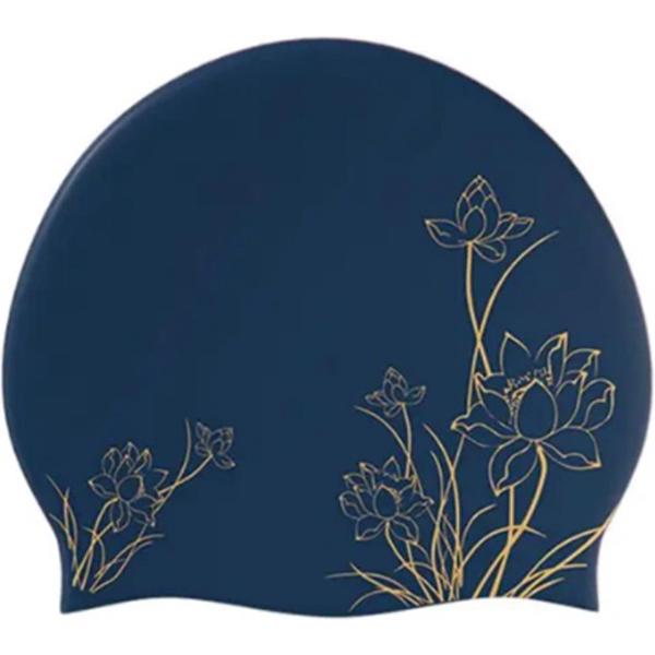 Foto van Badmuts dames blauw/goud print - Onesize - Douchemuts/vrouwen/kinderen/kind/badmutsen/waterdicht/lang haar/shower cap
