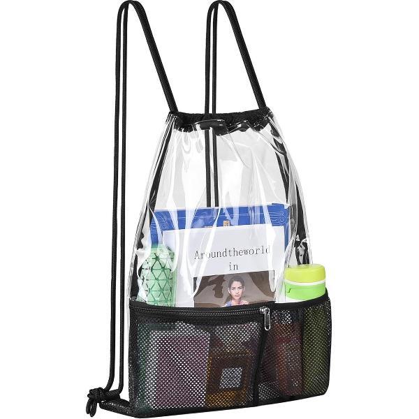 Foto van Doorzichtige tas met trekkoord - PVC-rugzak met trekkoord en mesh-zak met ritssluiting aan de voorkant-34*45 cm