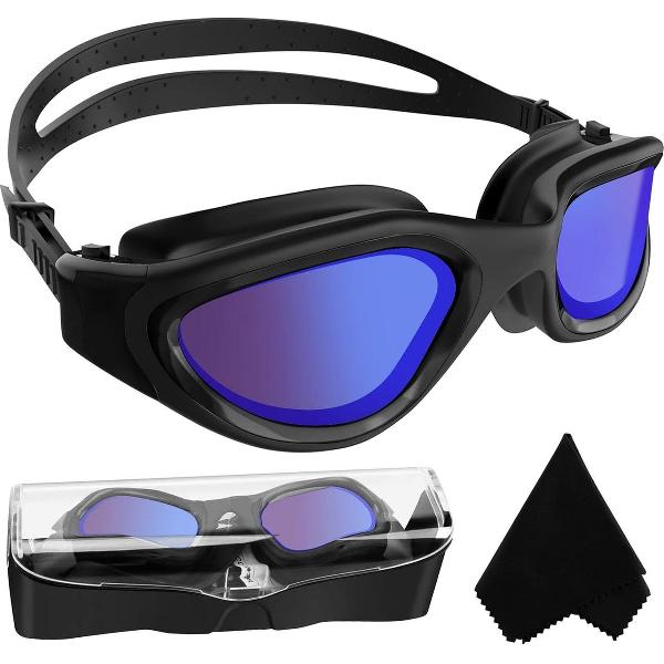 Foto van Gepolariseerde zwembril met anti-condens en UV-bescherming voor mannen en vrouwen - Geen lekkage - Helder zicht - Eenvoudig aan te passen - Geschikt voor tieners - Volledig zwart/blauw met spiegellens swimming glasses