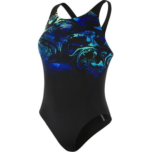 Foto van Speedo End Swirly Aqua Placement Recordbreaker Badpak - Maat 42 Volwassenen - zwart/blauw/groen