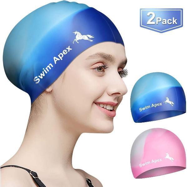 Foto van Swim Apex Set van 2 siliconen badmutsen voor lang haar - Voor vrouwen, mannen, volwassenen, tieners, kinderen, gemakkelijk aan en uit te trekken.