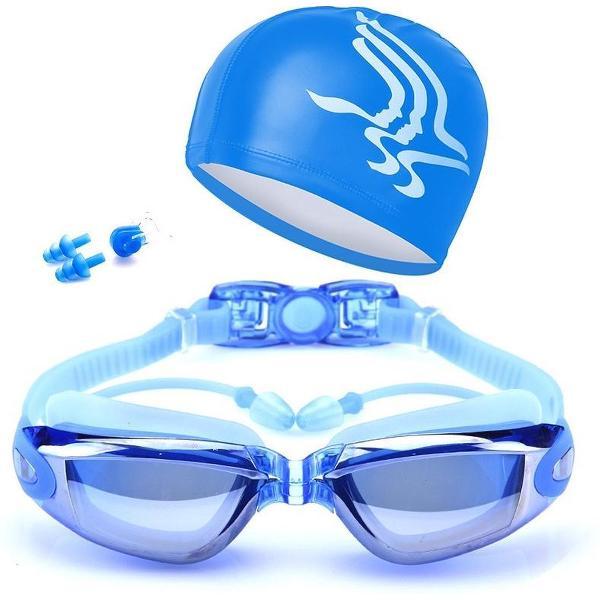 Foto van Zwembril set - Oordopjes, badmuts, neusklem en duikbril - Blauw